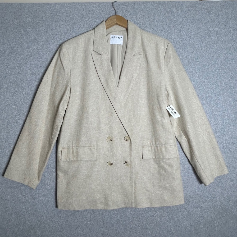 New Old Navy Blazer Women M Beige Linen Blend Double Breasted Quiet Luxury Coast
